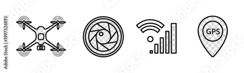 Modern Line Icons Set Drone Technology, Camera Lens Aperture, Wireless Signal Strength, and GPS Location Pin for Digital Communication and Navigation