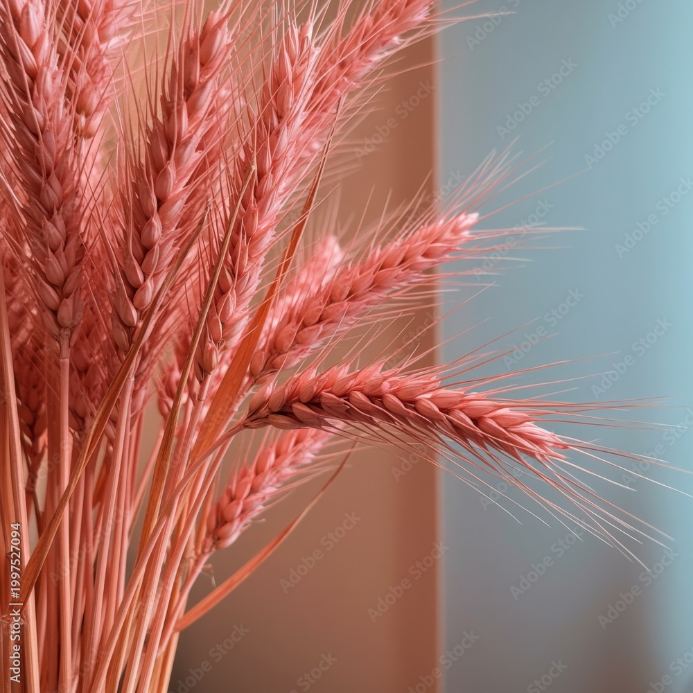 Obraz premium Pink wheat ears cluster arranged diagonally against a warm amber and blue gradient background for agricultural marketing, seasonal harvest festivals and organic branding