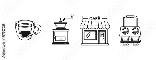 A comprehensive conceptual set of minimalist line icons illustrating essential elements of the modern coffee shop experience and culture, perfect for design projects and branding
