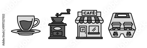 Monochrome Coffee Shop Icons Vector Set - A Collection of Illustrated Symbols Featuring Coffee Cup, Grinder, Cafe Storefront, and Beverage Carrier, Ideal for Web and App Design