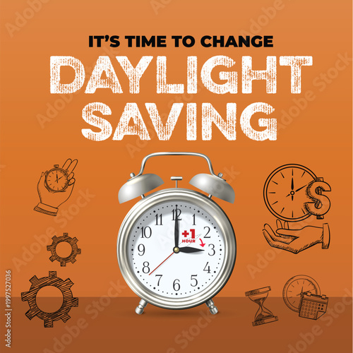 Daylight saving, change time clock, spring forward,  vector illustration, banner, hour