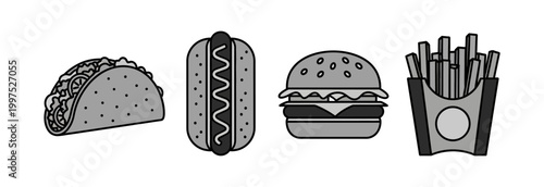 A grayscale illustration featuring a taco, hot dog, hamburger, and french fries, representing popular fast food items
