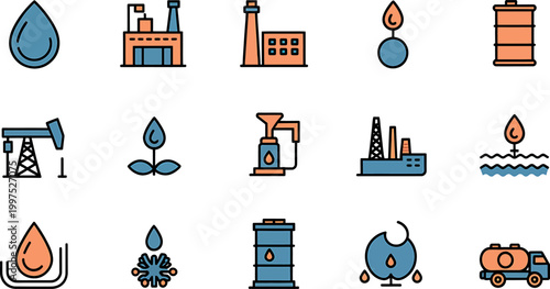 Colored petroleum industry icons featuring oil rig factory fuel barrel and ecological energy symbols vector design.
