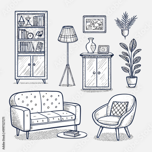 Hand-Drawn Furniture Sketch Set - Cozy Living Room Interior Decor and Home Furnishing Vector Icons