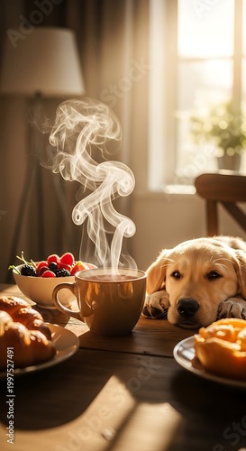 Cozy morning Golden retriever puppy rests head near warm steaming coffee and pastries