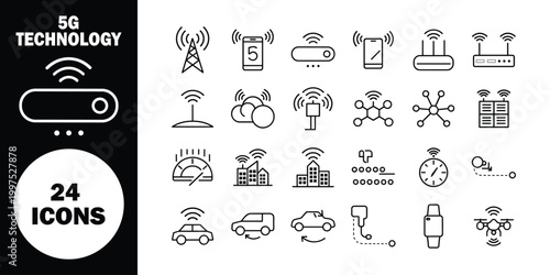 Black and white line for 5 g technology, including devices, networks, and connectivity symbols