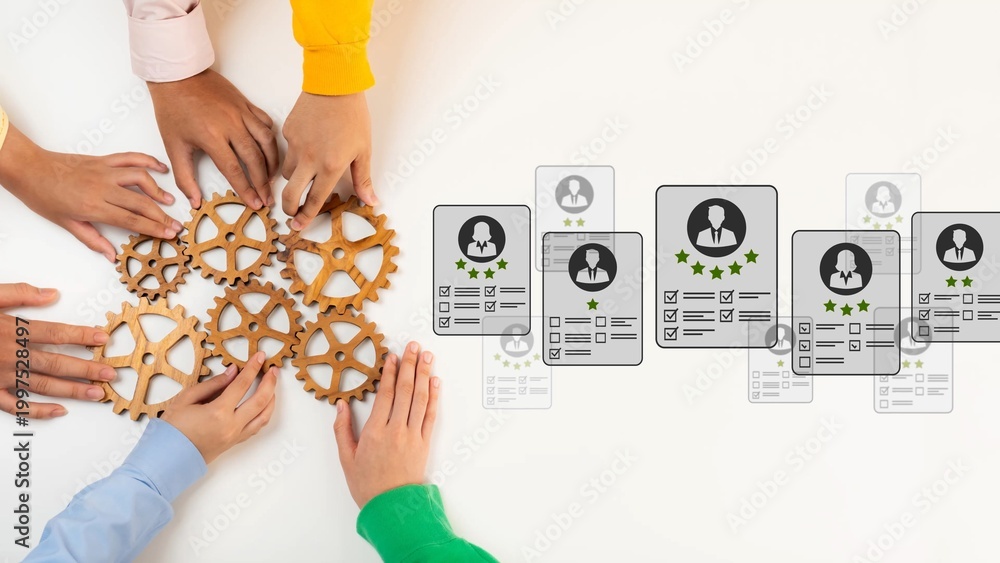 Obraz premium Collaborative Teamwork for Success with Gears and Digital Profiles Representing Skills and Achievements in Modern Business Environment Gluon.