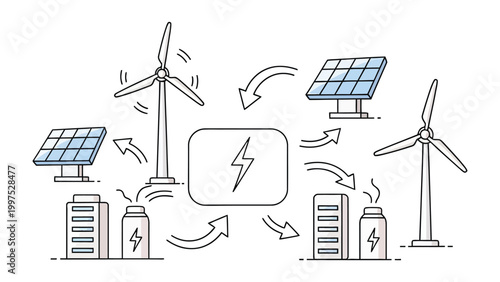 Powering the Future: An illustration of renewable energy sources, symbolizing the harmonious blend of solar and wind power in a sustainable ecosystem. 