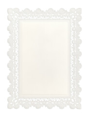 Vintage white lace border frame with blank paper center on black background. Ornate crochet doily style rectangle with empty copy space for invitation, wedding card, menu or photo placeholder.