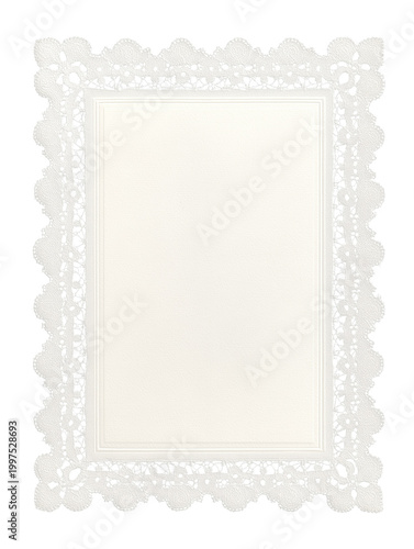 Vintage white lace border frame with blank paper center on black background. Ornate crochet doily style rectangle with empty copy space for invitation, wedding card, menu or photo placeholder.
