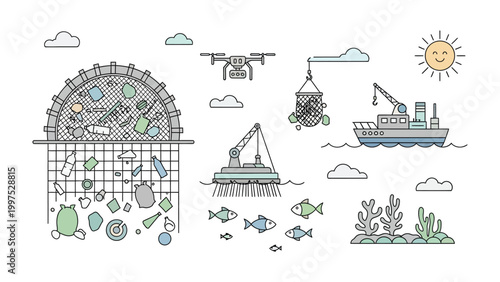 Ocean Cleanup and Preservation Illustration: A detailed line drawing shows various methods and tools, including a drone, vessel, crane, and collection device.