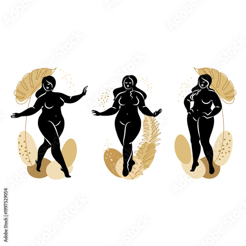 Collection. Silhouette of the figure of a slender naked woman. The girl is standing, she is overweight. A lady full of beauty and sexuality. Vector illustration set.