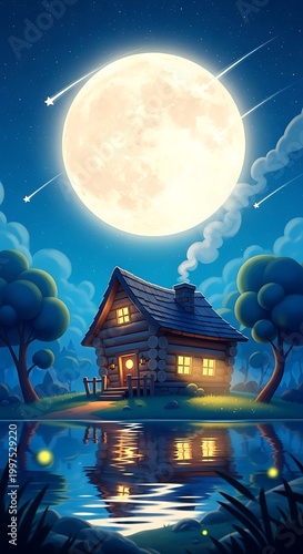 Cozy cabin under a giant moonlit sky, reflecting in calm water