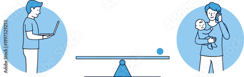 Vector illustration of seesaw with laptop and baby symbolizing balance between work, family, and responsibilities