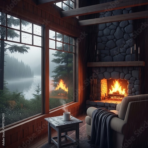 Cozy cabin with roaring fireplace, lake view, and rainy day atmosphere