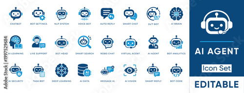 AI Agent and Machine Learning solid icon set. Includes symbols for Chatbot, Deep Learning, Voice Bot, AI Vision, and NLP System. Solid vector icons for artificial intelligence and virtual assistance.
