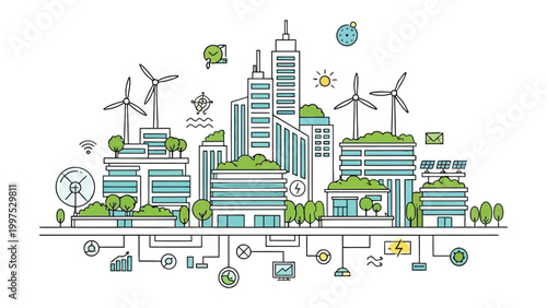 Eco-Friendly Urban Oasis: A visionary illustration of a sustainable city, integrating green infrastructure, renewable energy, and eco-conscious design to create an environment.