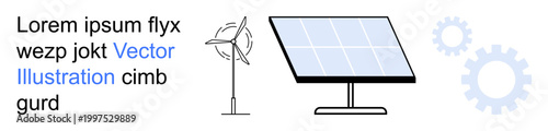 Renewable energy, sustainability, clean technology, eco-friendly power, green energy, innovation. Solar panel, wind turbine gears eco-technology. Renewable energy and sustainability concept