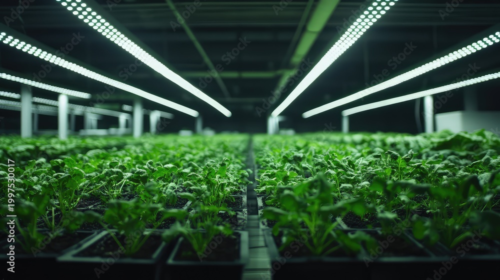 Naklejka premium Growing leafy greens in controlled indoor farm