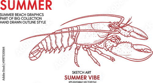 Canvas Print Lobster sketch vector illustration seafood marine summer beach handdrawn outline