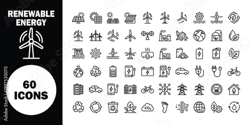 Renewable energy set, 60 black and white line black and white solar panel wind turbine