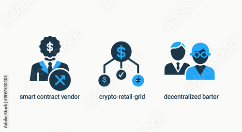 Icons representing smart contract vendors crypto retail grid decentralized barter with peer to peer cryptocurrency blockchain decentralized technology exchange transaction business investment