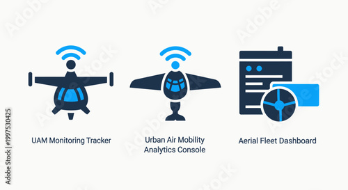 Drone and aerial technology icons for monitoring and mobility with technology monitoring mobility transport aviation surveillance inspection logistics dashboard wireless communication