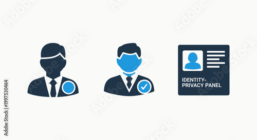 User and identity icons with verification and privacy symbols identity verification document security authentication personal information management business illustration interface