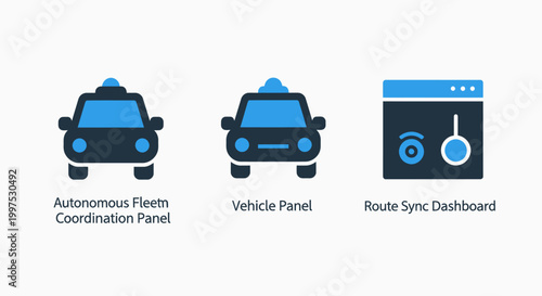 Icons representing autonomous fleet coordination vehicle panel route sync dashboard navigation app transportation app autonomous coordination dashboard transportation technology software
