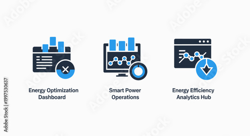 Energy management icons: optimization dashboard smart operations efficiency analytics with smart grid efficiency management optimization analytics dashboard operations illustration technology