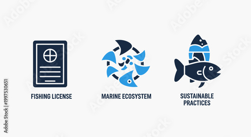 Icons symbolizing fishing license marine ecosystem sustainable practices for ocean conservation white background flat design sea life ecosystem sustainable practices conservation