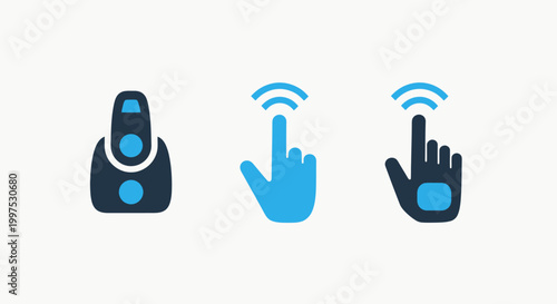 Icons of touch interaction and device hand pointing and touching with wifi signal control panel dark blue wireless technology interaction connection communication interface internet