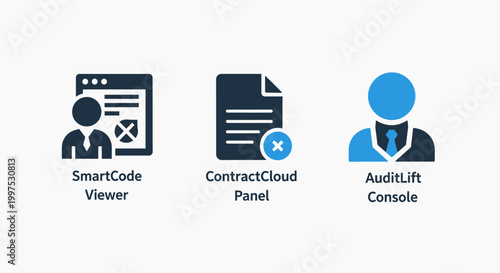 Software and cloud service icons: smart code viewer contract cloud panel audit lift console with software development software contract technology management document interface application