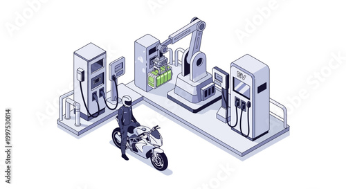 Futuristic Isometric Electric Vehicle Charging Station with Automated Battery Swapping for Motorcycles, Smart Infrastructure and Green Energy Concept
