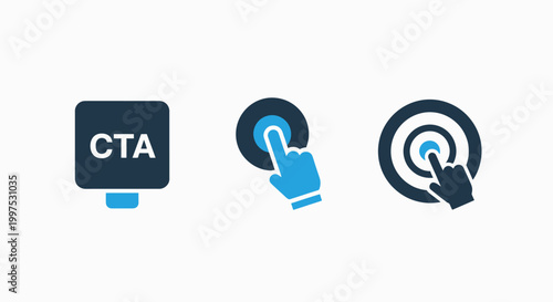 Call to action and goal achievement icons: cta button touch interaction target with web design user interface lead generation user experience objective interaction illustration marketing