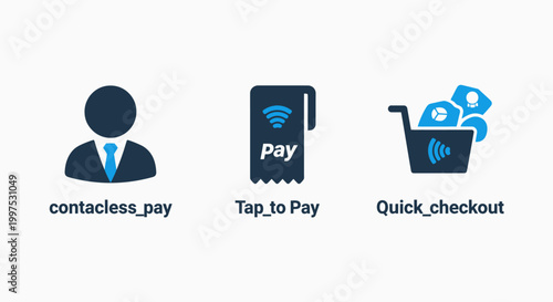 Seamless payment options: contactless tap to pay quick checkout icons e commerce mobile payment point of sale payment terminal payment system money transfer payment method cash register