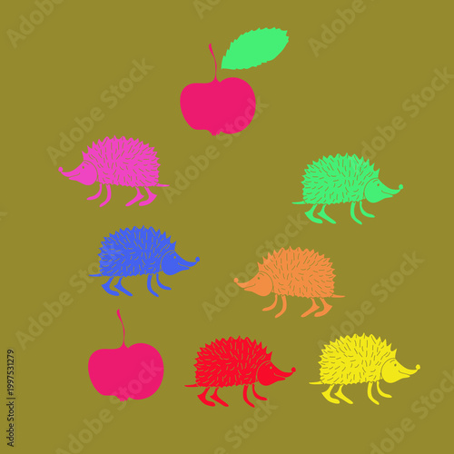 Doodle colored hedgehogs. Hand drawn.