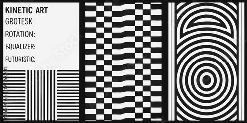monochrome kinetic art patterns with checkered and spiral designs