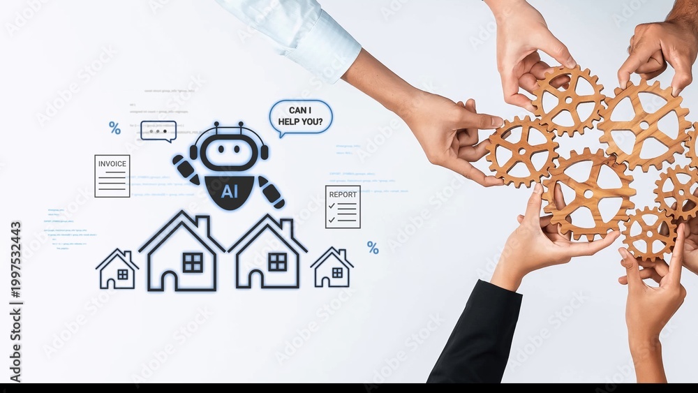 Obraz premium Collaborative Hands Engaging with Concept of Artificial Intelligence and Gears for Home and Business Solutions in Modern Technology Landscape Gluon.