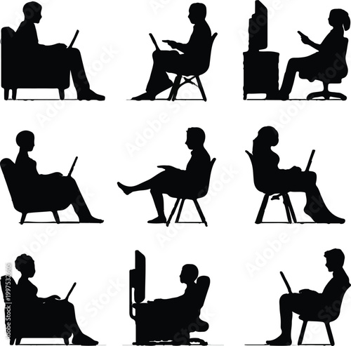 Diverse collection of professional silhouettes showcasing various people sitting in chairs while working on their laptops or desktop computers during a busy and productive workday
