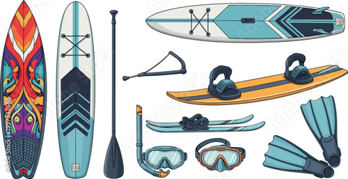 Water Sports Equipment Icon Set Featuring Surfboards, Paddleboards, Snorkeling Gear, and Water Skis for Active Lifestyle and Outdoor Recreation Illustrations