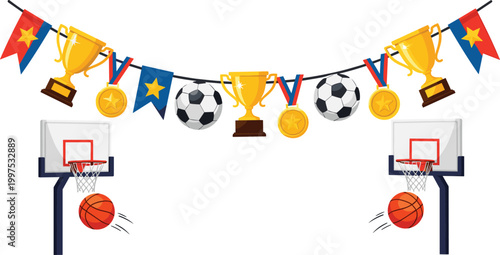 Sports Celebration Banner Icon Set Featuring Trophies, Medals, Soccer Balls, and Basketballs for Award Ceremony, Sports Events, and Victory Themes