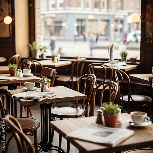 Cozy cafe interior with wooden tables, chairs, and city view