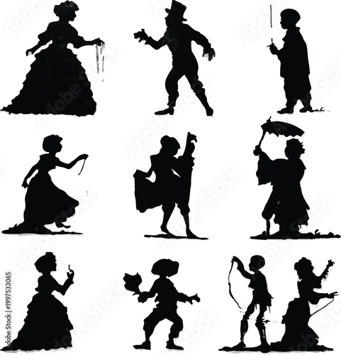 A charming collection of vintage black silhouette figures depicts a variety of theatrical characters, including elegant ladies, dapper gentlemen, and whimsical performers with strings.
