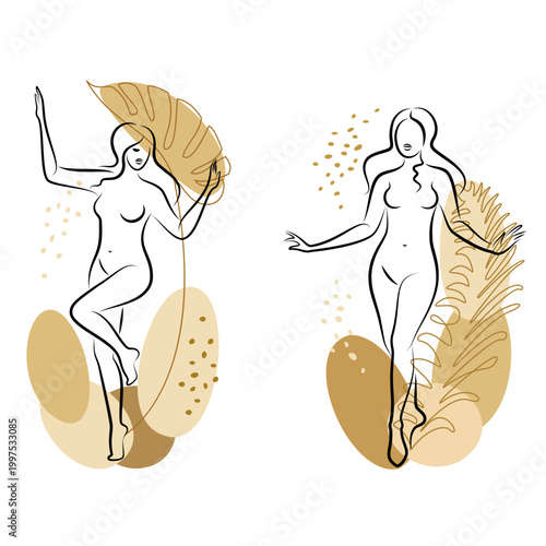 Collection. Silhouette of a cute lady and plant leaves. The girl is standing. The woman has a beautiful naked figure. She is young and slim. Vector illustration set.