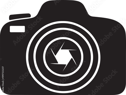 Camera Silhouette Icon with Aperture Lens Symbol
