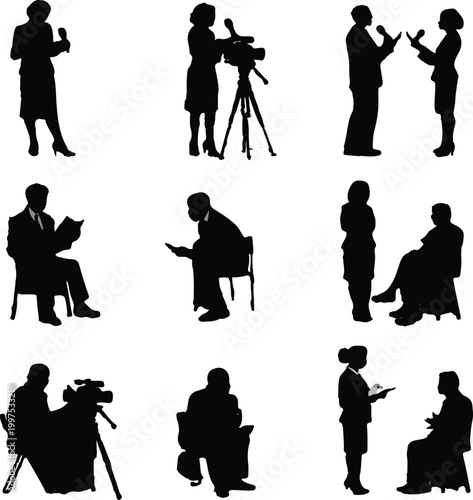 Collection of nine distinct black silhouette figures engaged in various interview and media capture scenarios.