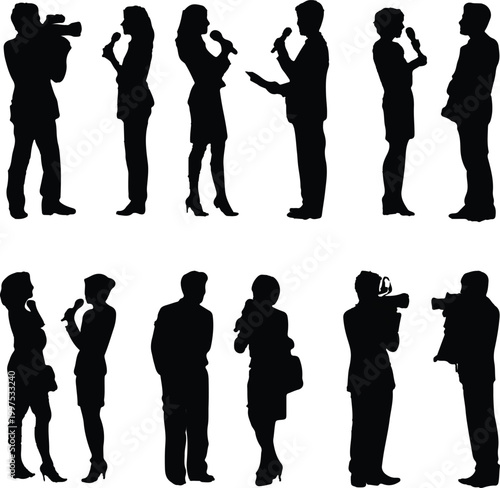 Set of professional television news reporters and camera operators captured in silhouette form performing various interviews and recording tasks for media broadcasting and communication events