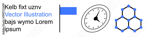 Time management, science education, graphical design, research concepts, minimal layout, molecule visuals. Features a clock, flag and molecular pattern. Time management and science education