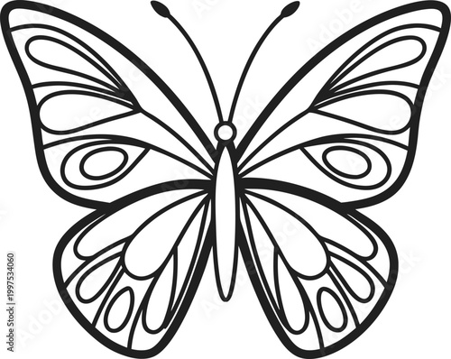 Elegant black outline drawing of a detailed flying butterfly with intricate patterns
